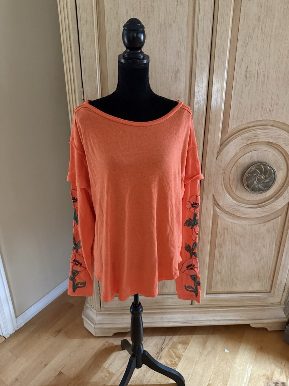 Free People Not Yours Top Women’s LPoppy Orange Embroidered Floral Long Sleeve T